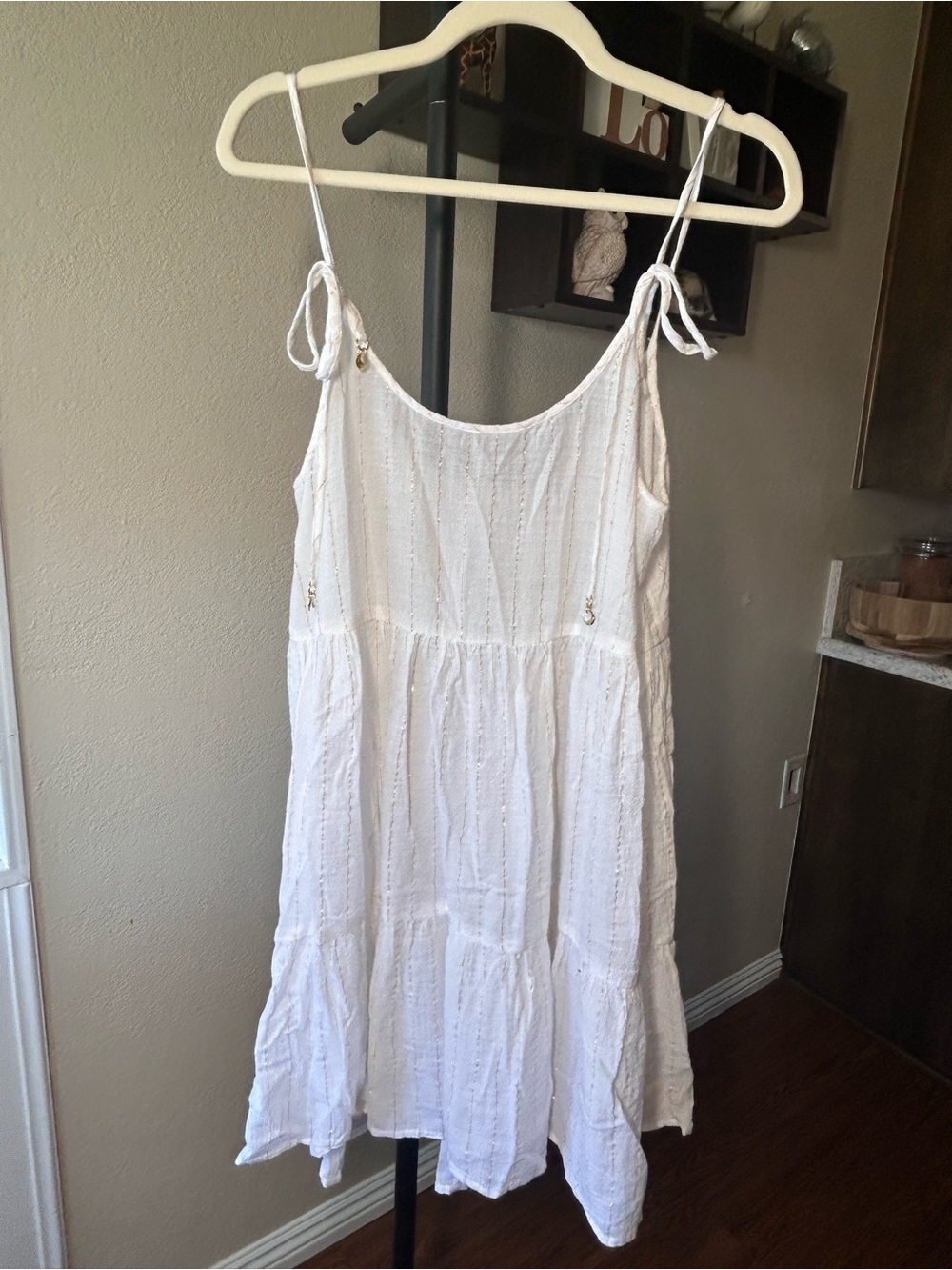 Aerie White Tie-Shoulder Sundress Cover-Up, gold metallic woven pin-stripes. M